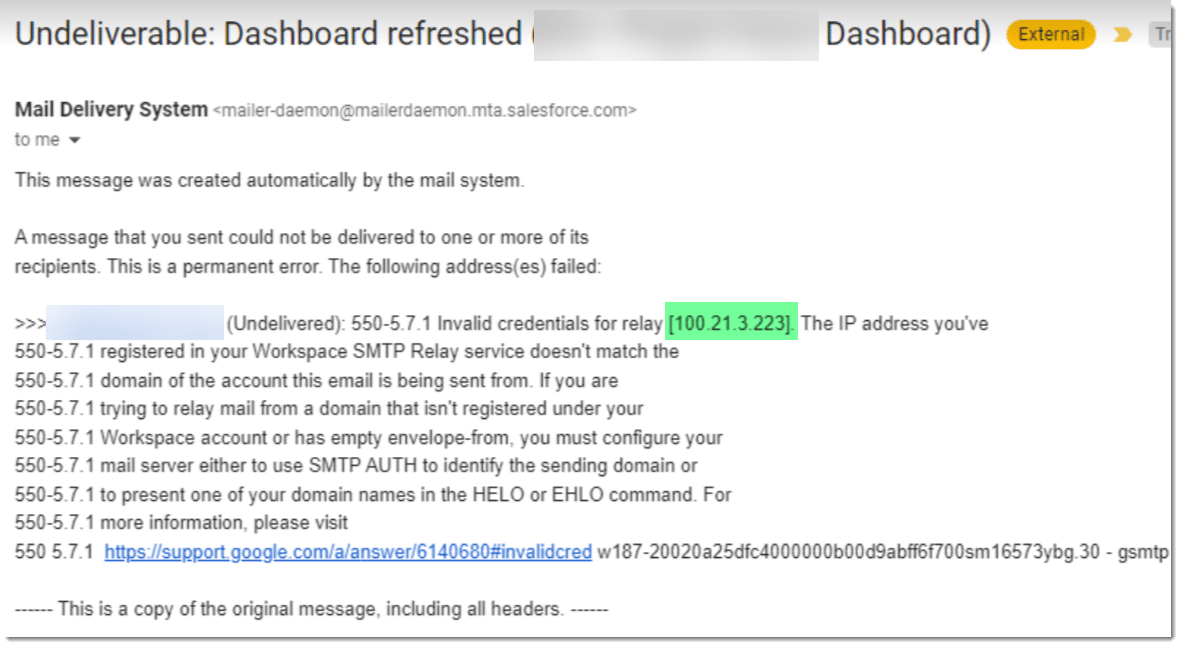 Undeliverable Salesforce Dashboard